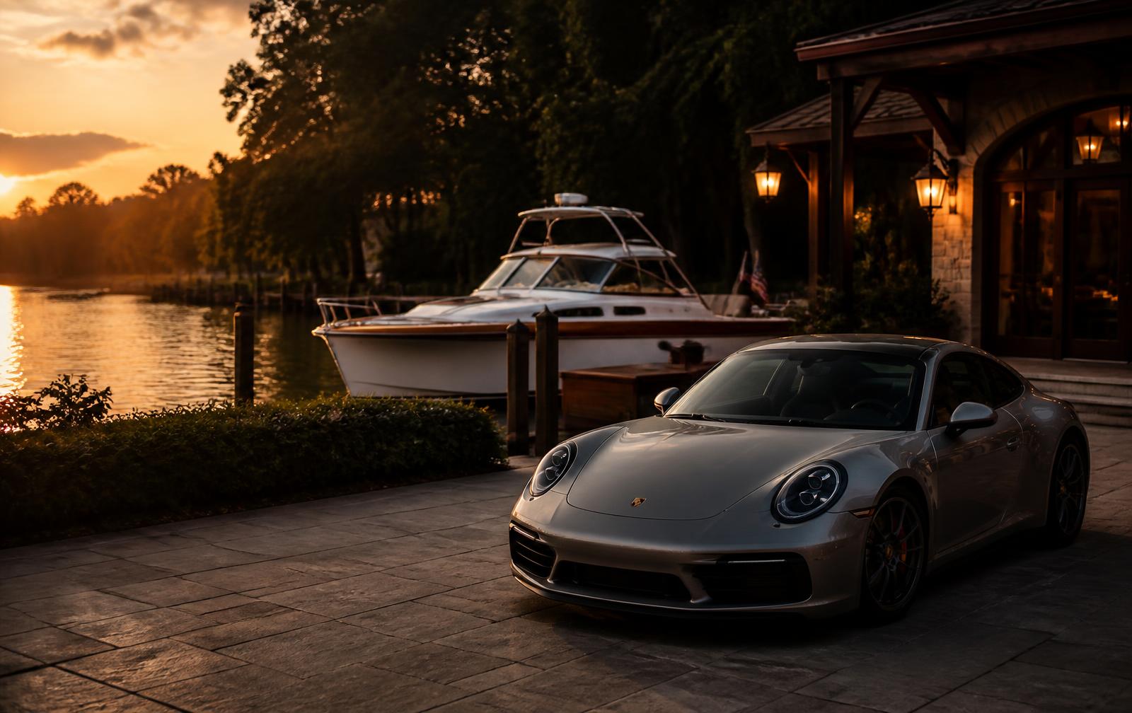 Silver Porsche 911 parked beside a white wake boat at a marina clubhouse in warm golden-hour light — premium mobile car and boat detailing in Austin and Lake Travis, TX